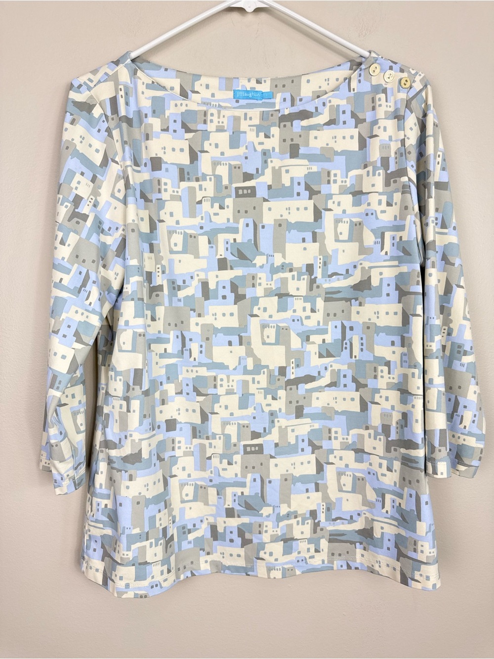 J Mclaughlin Top Women Large Catalina Blue Gray Greece City Abstract Artsy Shirt